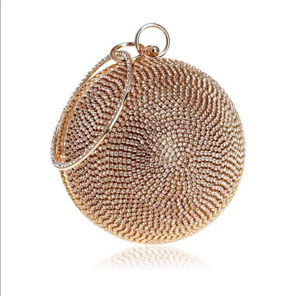 Rhinestone Ball Shaped Purse Clutch Ring Handle Party Evening Bag with Chain - Picture 1 of 5